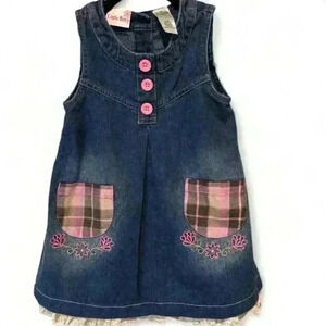 Little Bitty Girls' Denim Jumper Dress 3T Pink Buttons Plaid Pockets